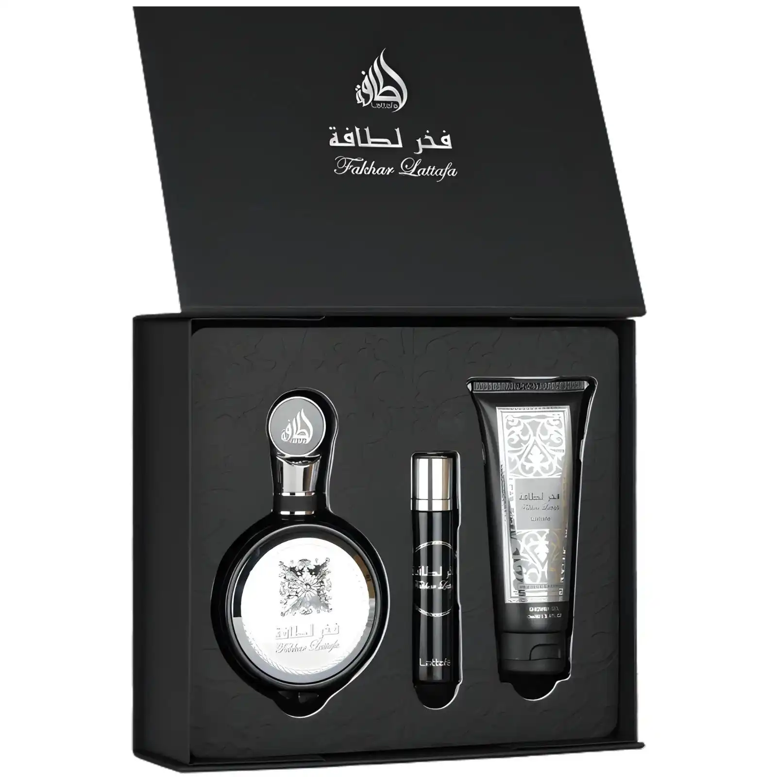 Fakhar Lattafa Black 100ml Eau De Parfum, 12ml Travel Spray & 100ml Shower Gel - Giftset For Men