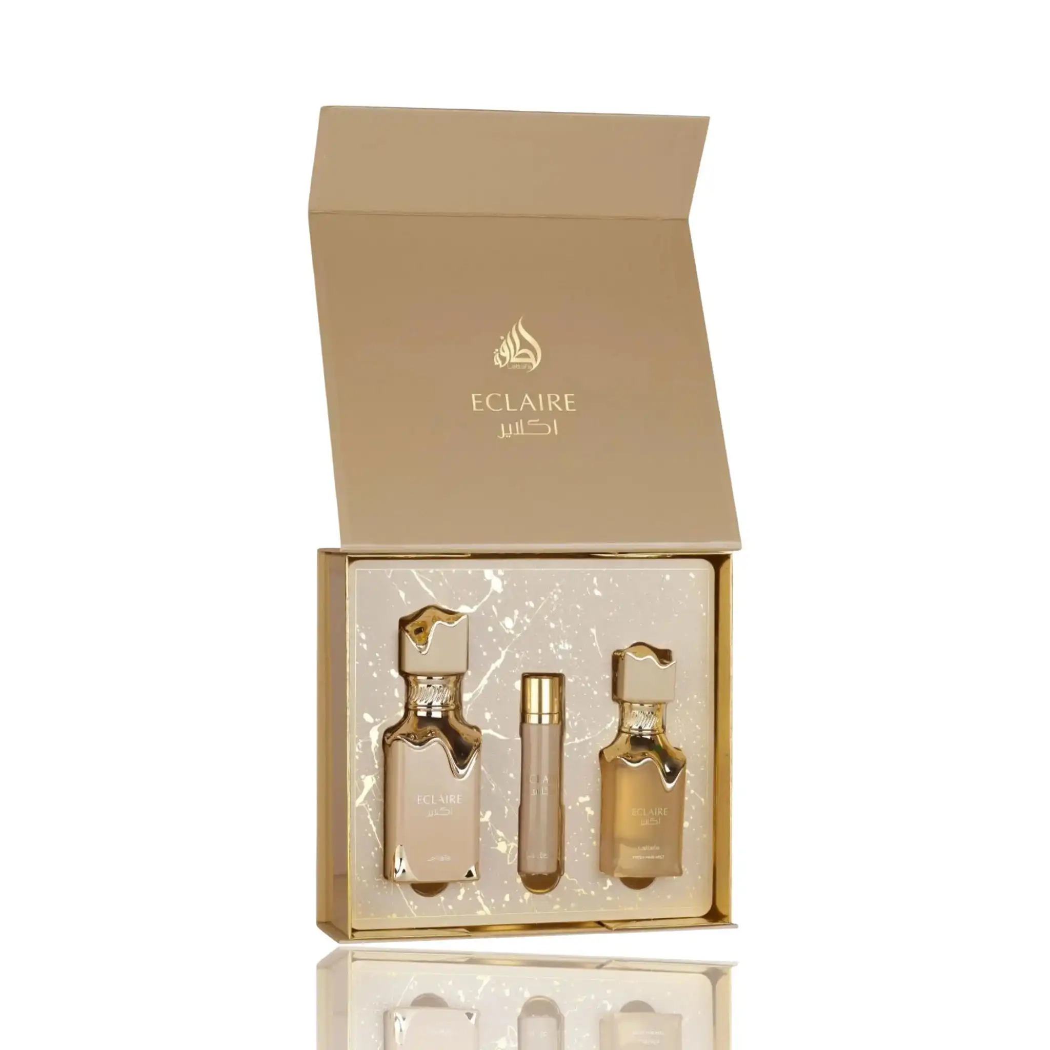 Lattafa Eclaire Gift Set – 100ml Eau de Parfum, 12ml Travel Spray & 50ml Hair Mist - Sweet Gourmand Vanilla, Caramel