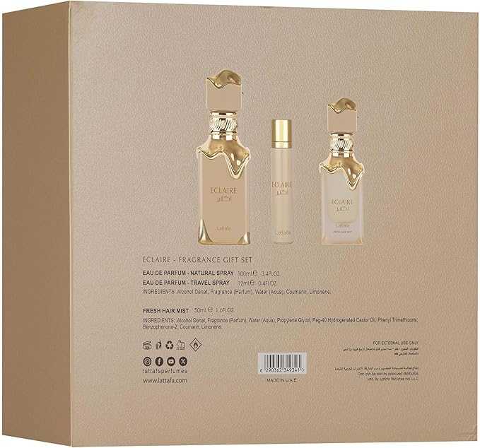 Lattafa Eclaire Gift Set – 100ml Eau de Parfum, 12ml Travel Spray & 50ml Hair Mist - Sweet Gourmand Vanilla, Caramel - Image 2